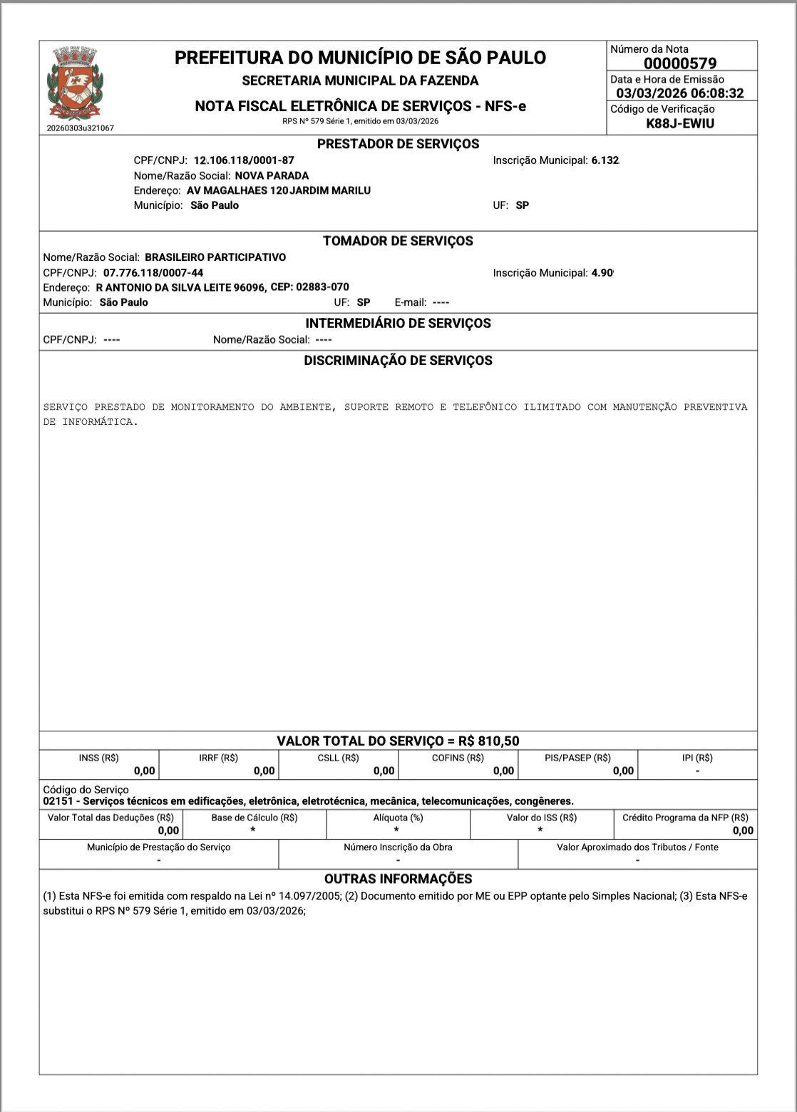 Exemplo de NFS-e emitida pela Prefeitura de São Paulo